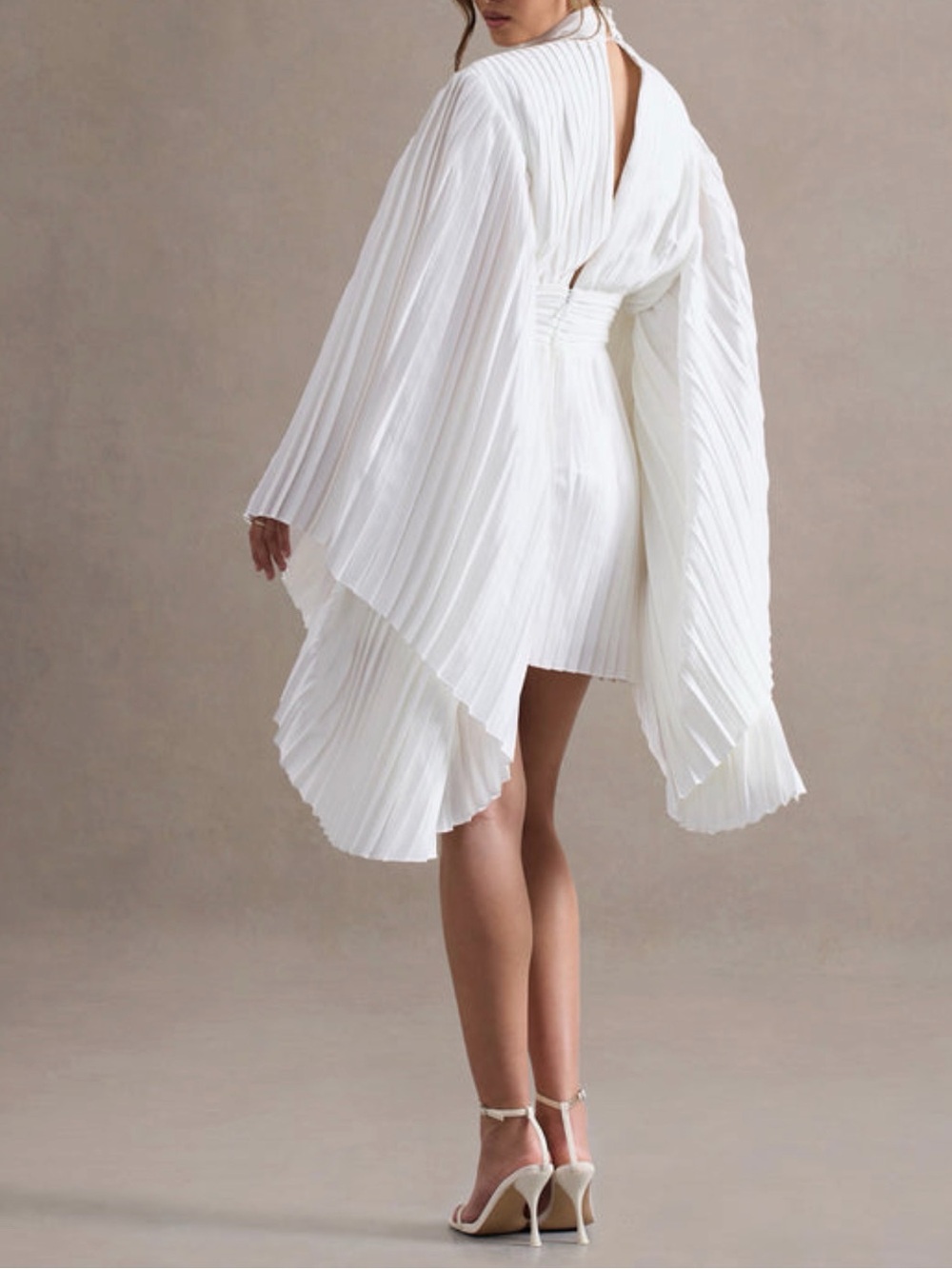 White Pleated High-Neck Mini Dress with Cape Sleeves - Picture 2 of 4